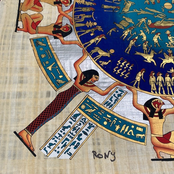 Hand Painted Egyptian Papyrus 36”H x 25”W with Storage Tube — Signed - Picture 6 of 14